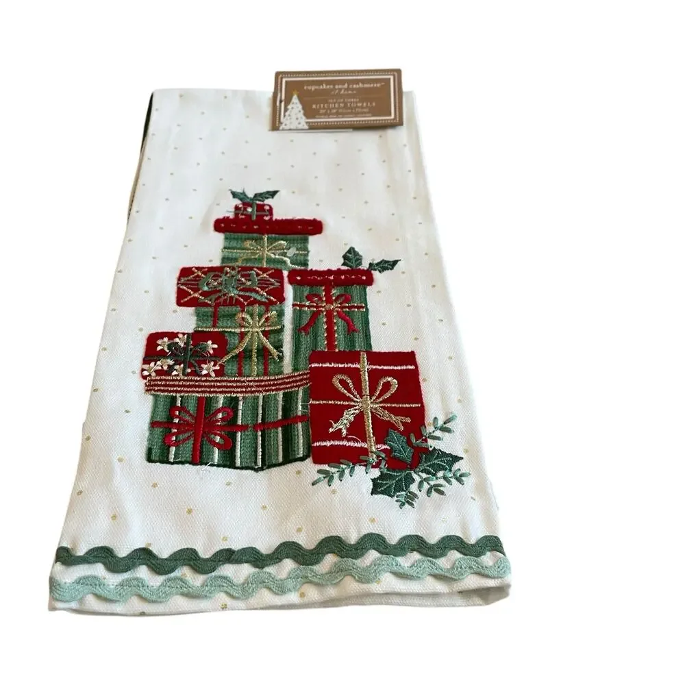 Cupcakes & Cashmere Christmas Present Kitchen Towels Set of 3 Embroidered New